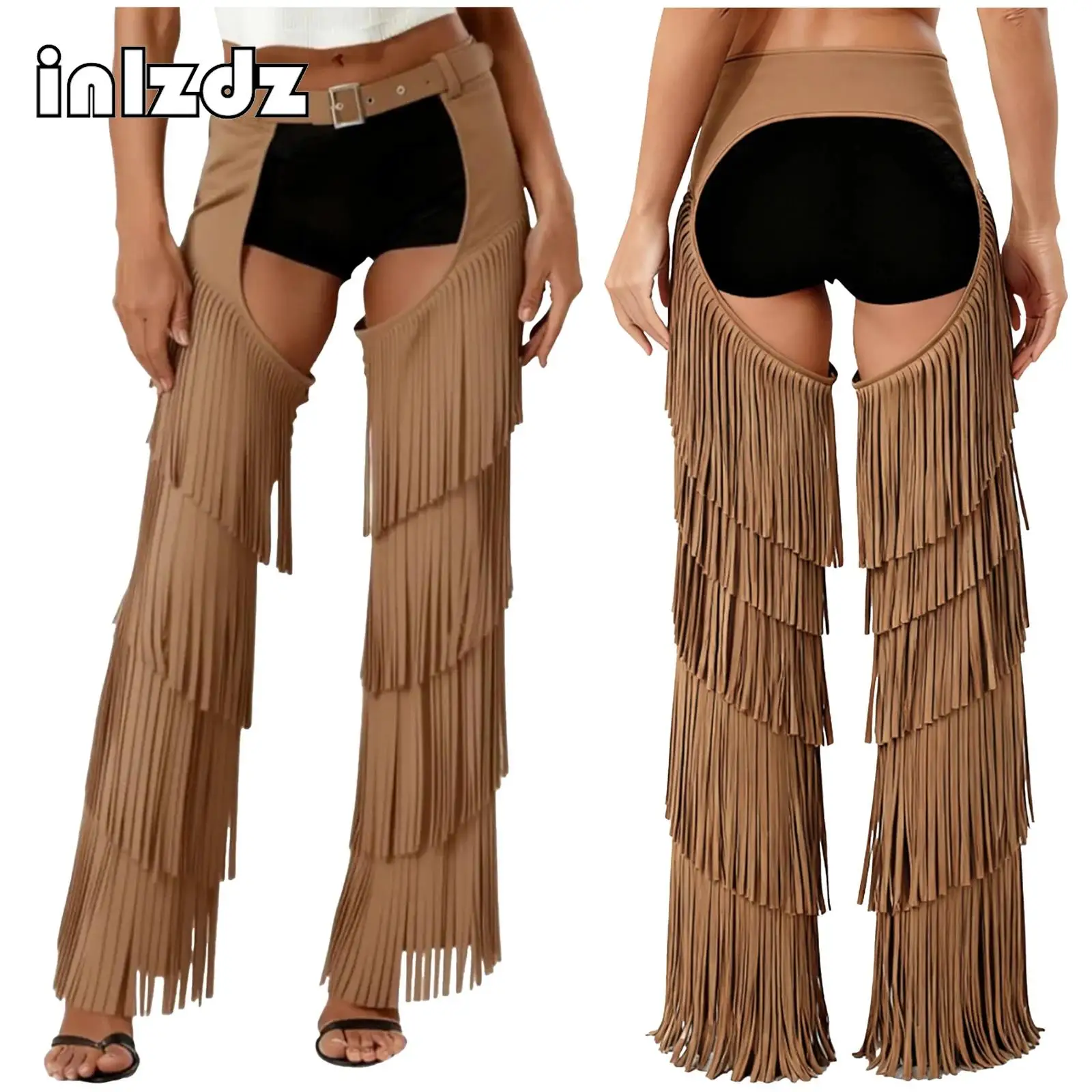

Womens Western Cowgirl Open Crotch Pants Fringe Buttless Style Western Motorcycle Pants for Rave Themed Party Christmas Carnival