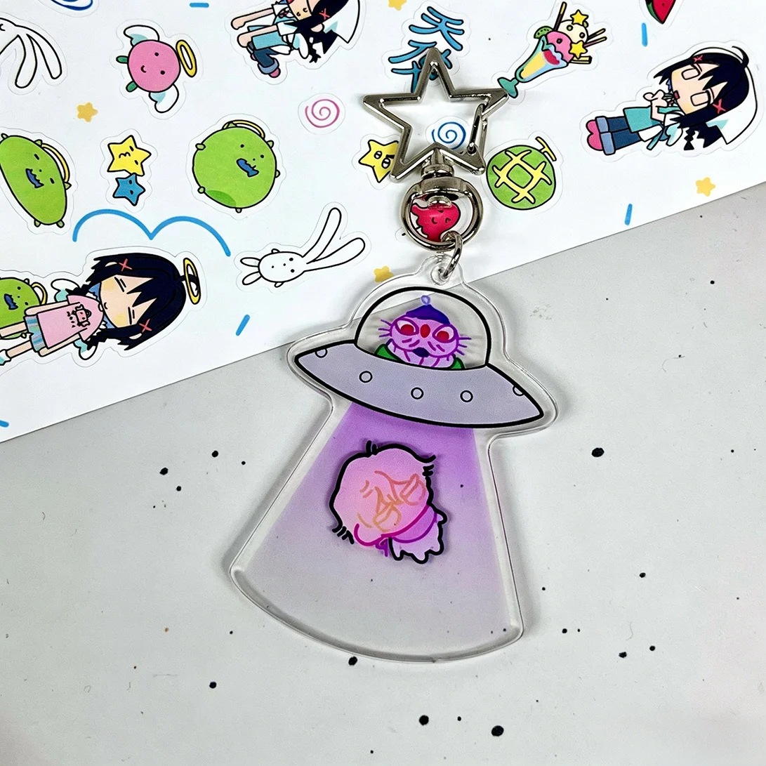 Alien Stage UFO Abduction Acrylic Keychain, Chibi Anime Character Bag Charm Keyring, Cute Collectible Gift for Alien Stage Fans