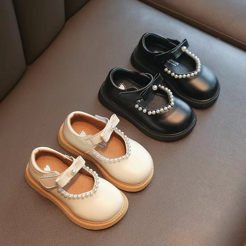 Congme Fashion Girls Leather Shoes Toddler Kids Pearl Flat Shoes Korean White Black Bow Princess Shoes Doll Shoes Derss Shoes