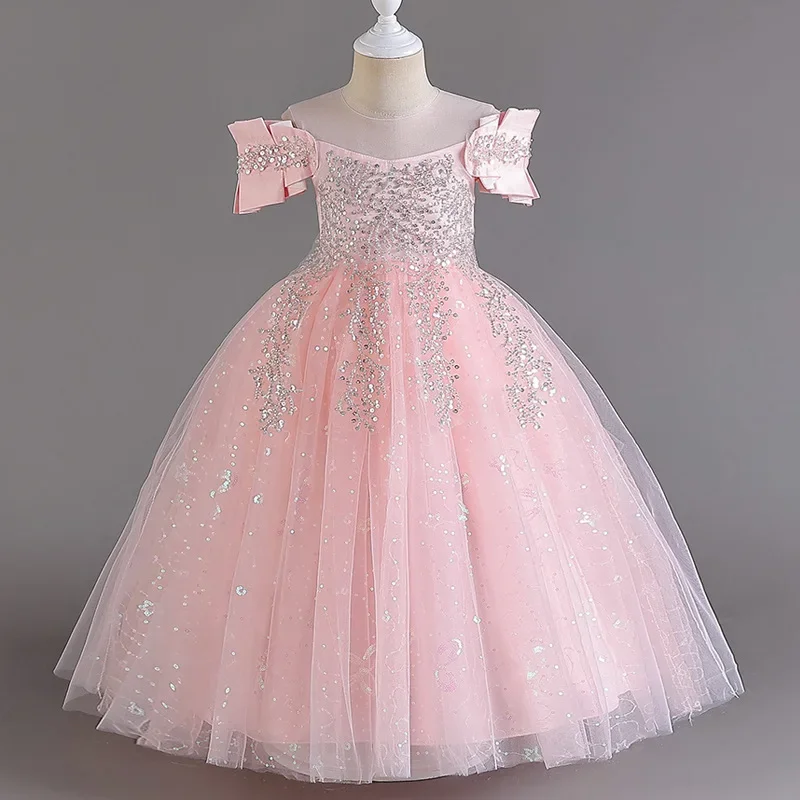 Fashion New Girl Princess Dress Lace Short Sleeve Kids Girls Sequin Dress Summer Flower Girl Dresses for Weddings 4-14 Years