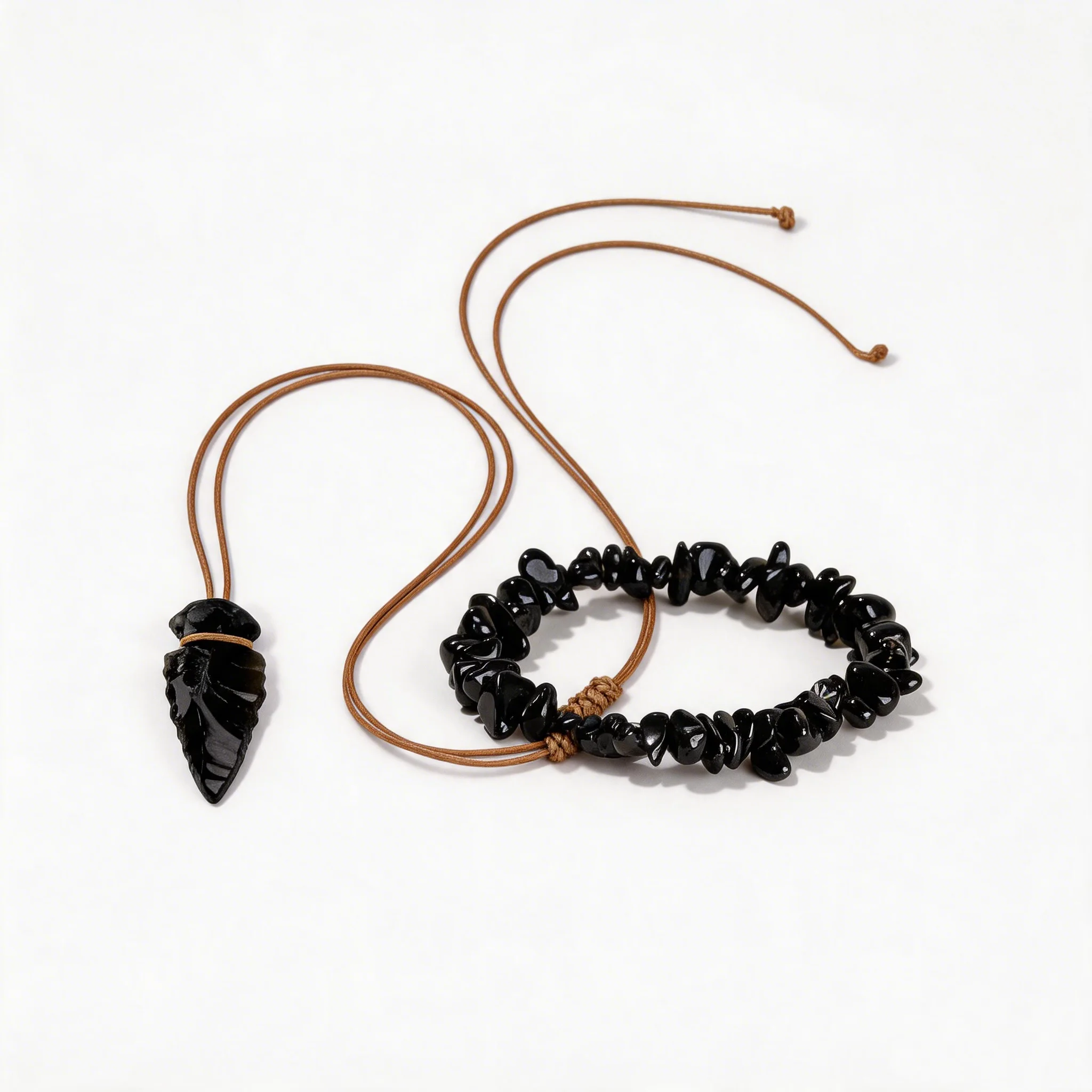 Natural Black Obsidian Arrow Pendant Necklace Irregular Chip Beads Bracelet Set Healing Crystal Spiritual Gift