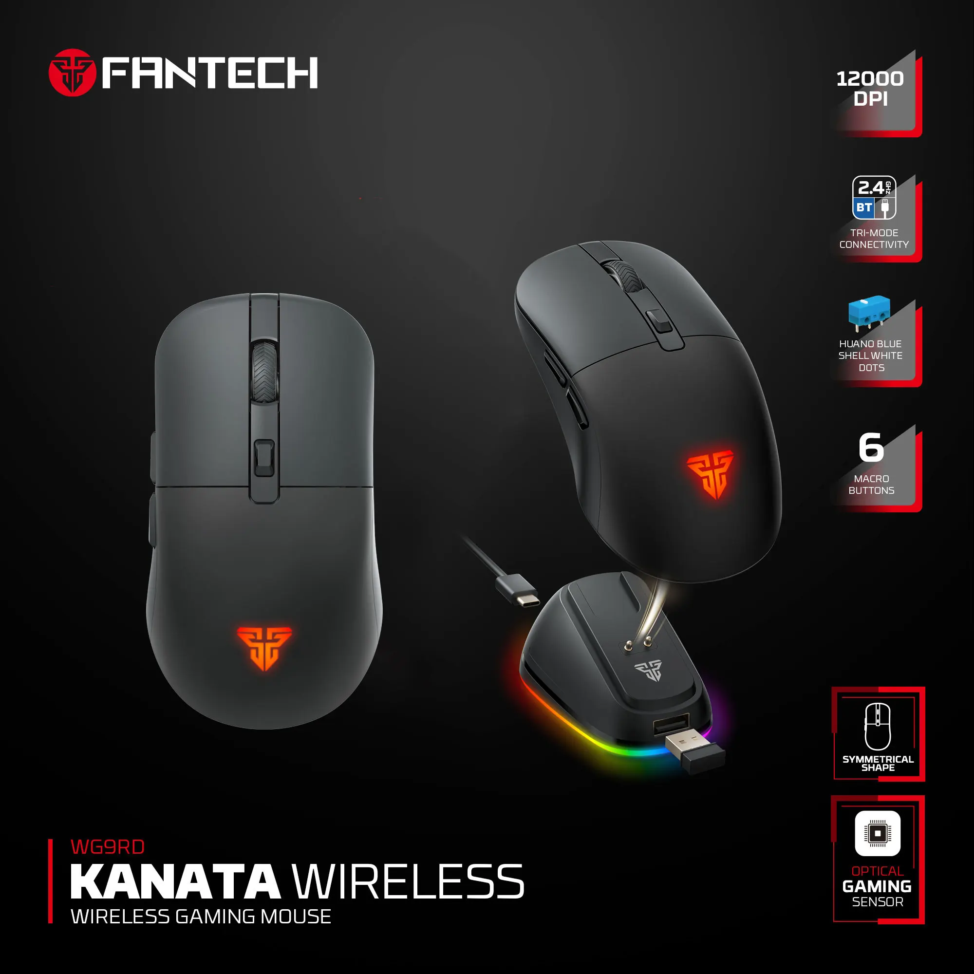 

Беспроводная оптическая мышь FANTECH KANATA WG9RD, 70 часов работы, 1000 Гц, 6 кнопок, макросы, игровая мышь, 12000 DPI, RGB-подсветка, для ПК