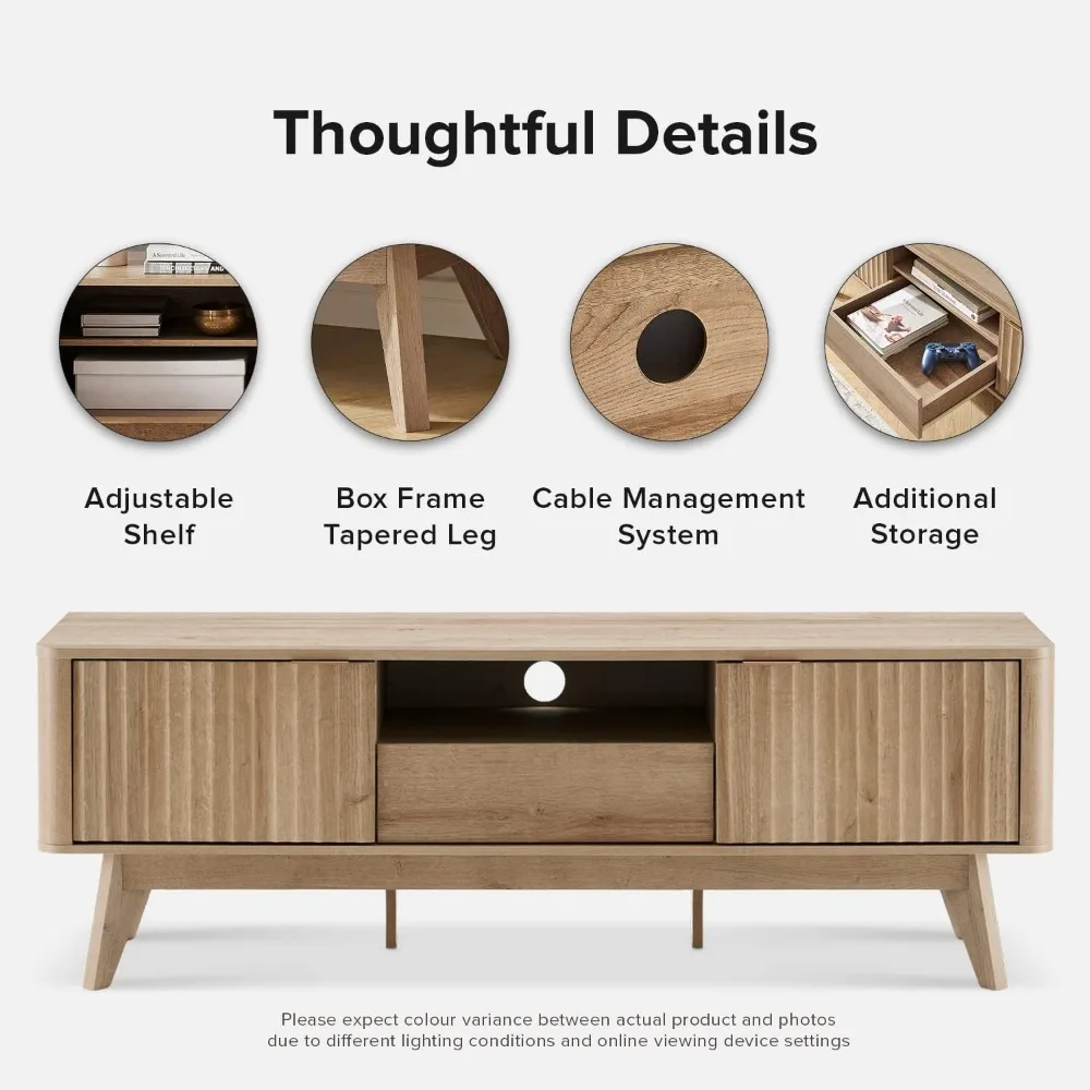 حامل تلفزيون حديث لمنتصف القرن لأجهزة التلفاز مقاس 50-59 بوصة مع مظهر منحني ورف قابل للتعديل وثبات