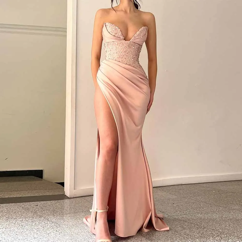 

Сексуальные платья для выпускного вечера для женщин, атласное вечернее платье-футляр/колонна, розовое, милое, с бусинами и блестками, плиссированное платье для особых случаев