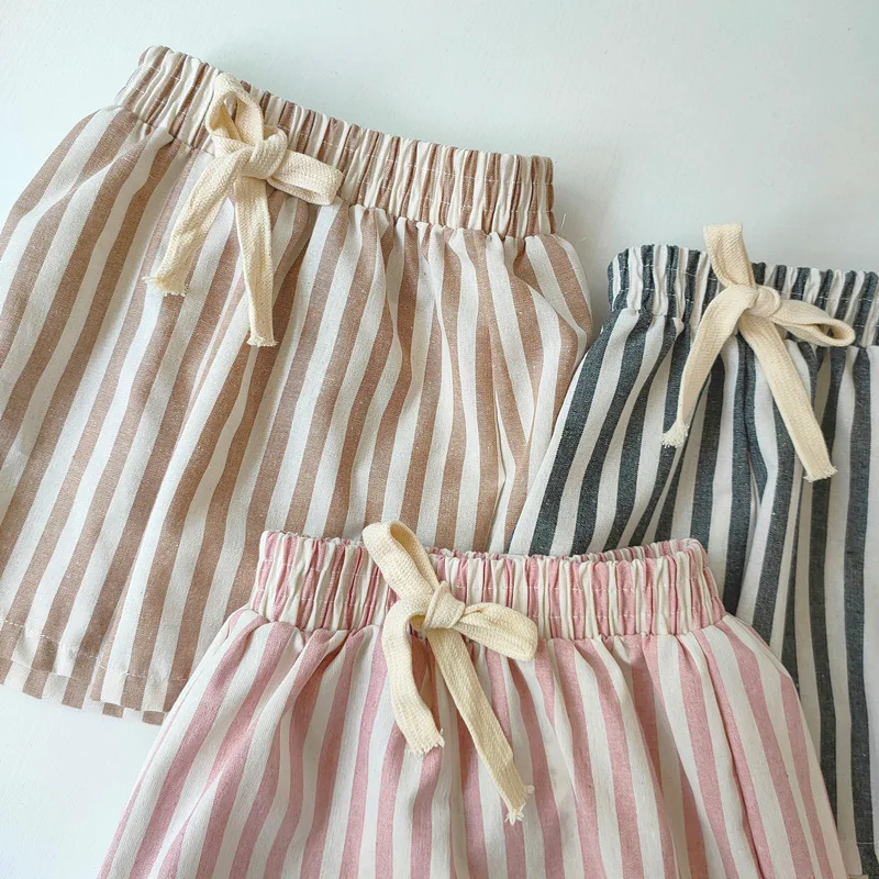 Vintage Linen Cotton Stripe Shorts for Boys Summer Toddler Kids Girls Half Pants Casual Children\'s Clothing