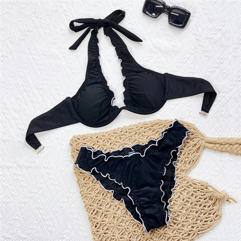 

Sexy Black Halter Bikini Push Up Swimwear Ruched Edge Swimsuit Woman 2026 High Cut Bathing Suit Bikinis Sets De Mujer Biquinis