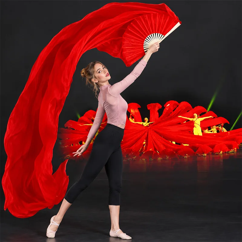 1 Pcs Red Belly Dance Fan Extra Long 120cm-500cm Silk Fan Square Dance Yangko Stage Performance Show Festival Decor Accessories