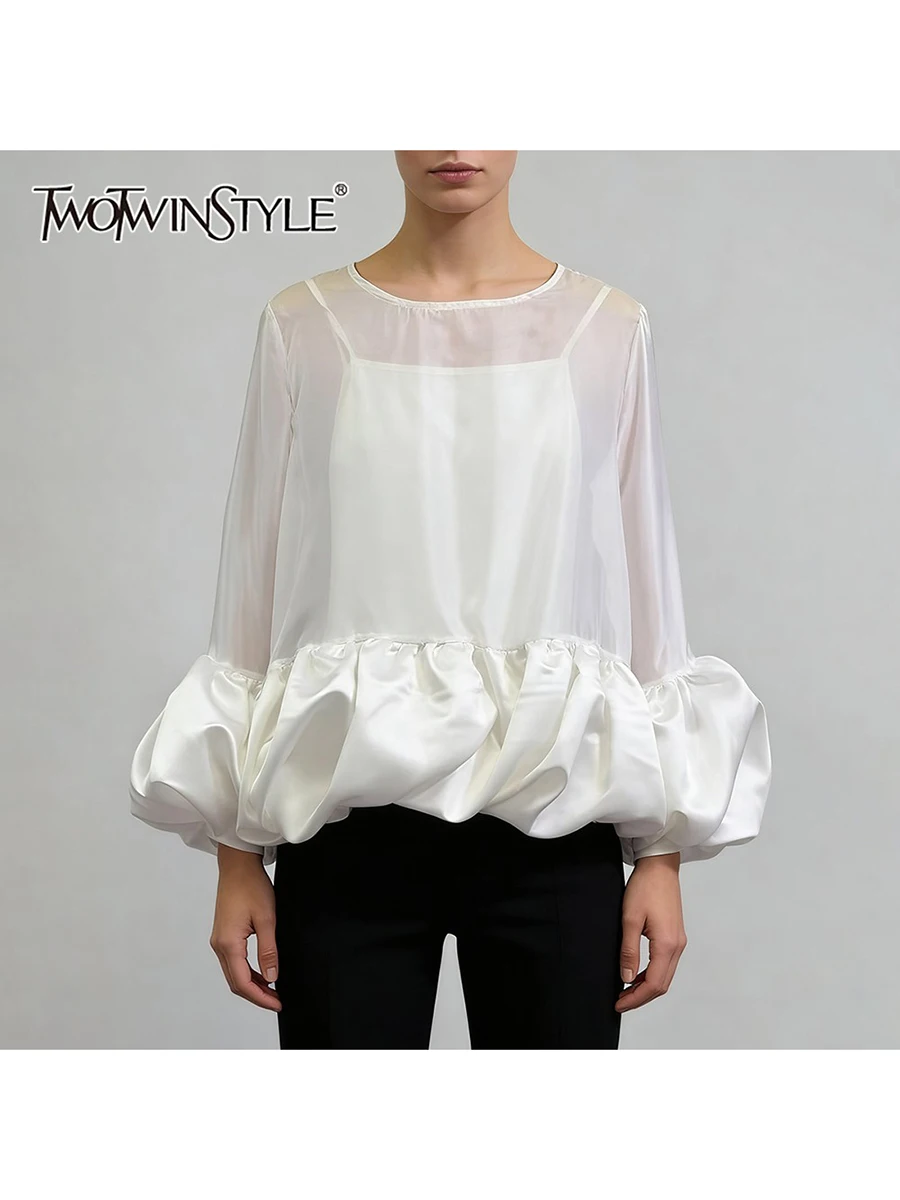 

TWOTWINSTYLE Solid Loose Sheer Spliced Vest Casual T Shirts for Women Round Neck Long Sleeves Patchwork Ruched T Shirt Female