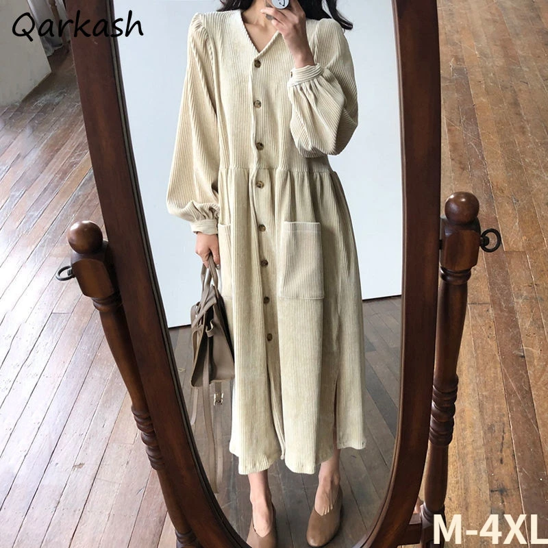 

M-4XL Dresses Women Corduroy Single Breasted Simple Elegant Vintage Maxi Solid Autumn Femme Leisure Tender Vestidos Cozy Ins New