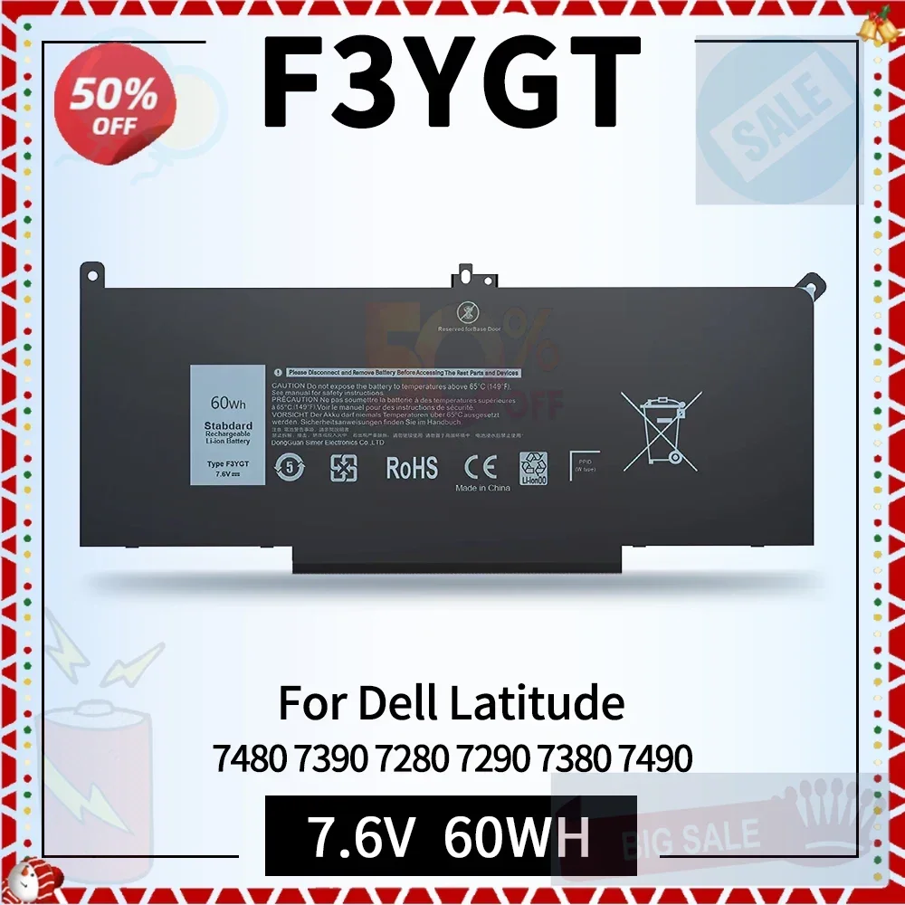 

60WH F3YGT 2X39G Laptop Battery for Dell Latitude 12 7480 7490 E7480 E7490 7000 7280 7290 13 7380 7390 P29S002 E7280 P73G001