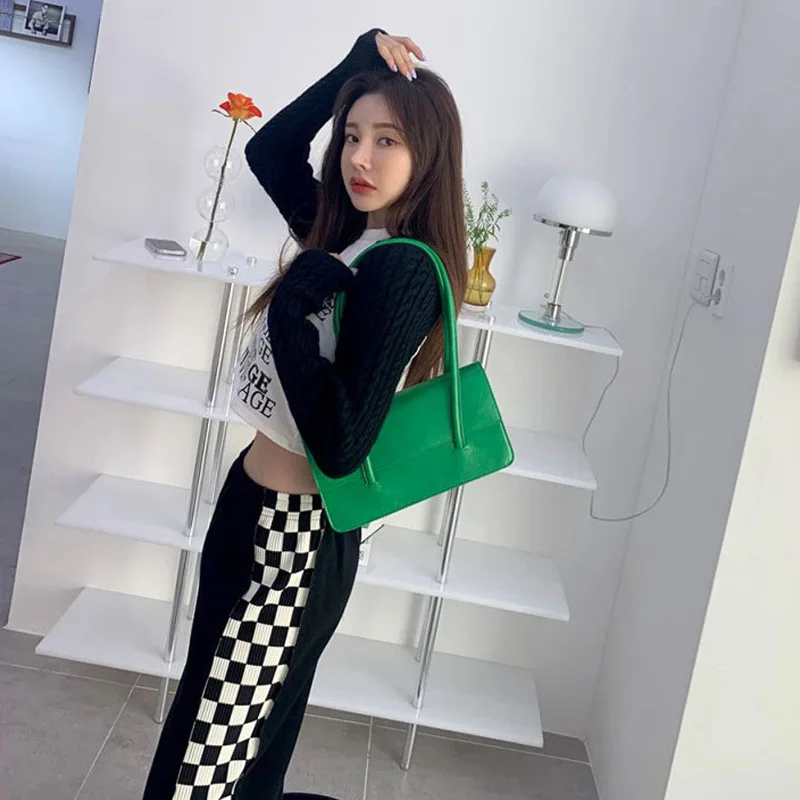 Vintage Solid Colour PU Leather Underarm Bag for Women 2025Summer Casual Shoulder Bag Korean Style Female Armpit Bag New Arrival