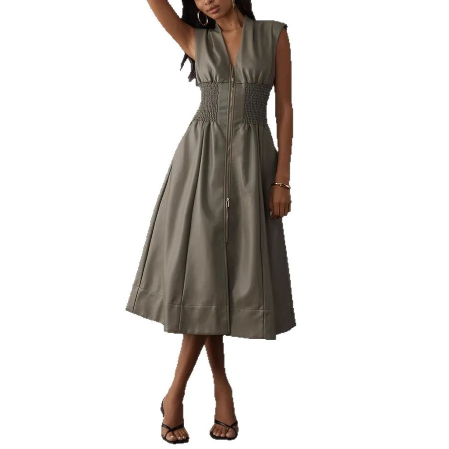 ชุดเดรสฝรั่งเศสของผู้หญิงแจ็คเก็ตหนังแขนกุดย้อนยุคซิปชุดยาวฤดูร้อน 2025