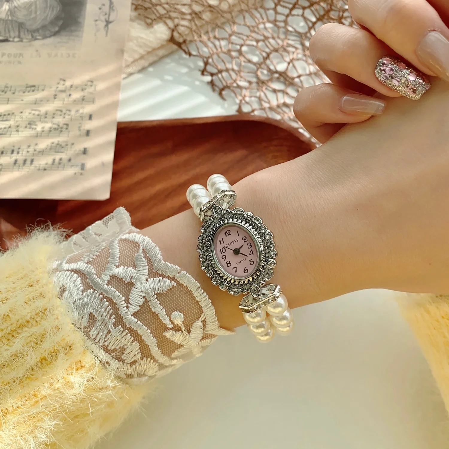 Damen-Doppelreihen-Perlen-Quarzuhren für Kinder, elastisches Armband, arabisches digitales Zifferblatt, einfache Uhr für Kinder, modische Studenten-Armbanduhr – Detail 8