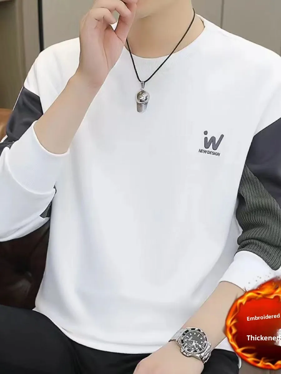 

Color Blo Hoodie Men's Loose Long Sve round Ne Base irt Autumn Winter Faion Casual Sle Thiened T-irt
