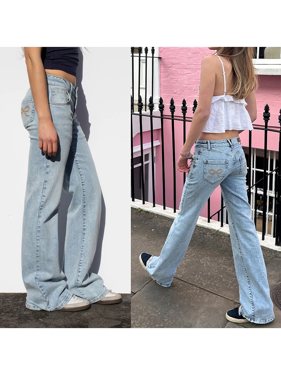 Modische Flare-Jeans für Damen, niedliche Schleife, Stickerei, niedrige Leibhöhe, Denim-Hose, Schlaghose