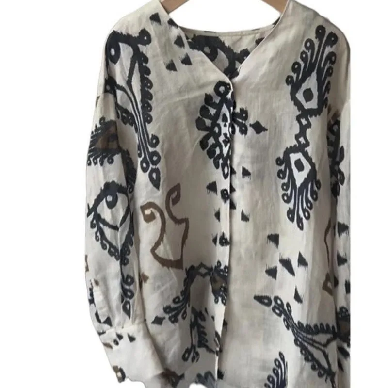 Bloemen Gedrukt Blouses Vrouwen Lange Mouw Losse V-hals Shirts Office Lady Vrijetijdskleding Tops Lente Herfst Nieuwe Mode