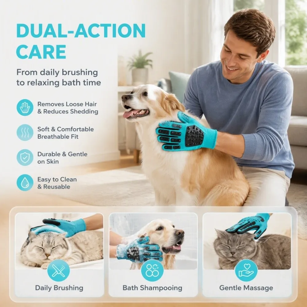 Fur Remover Soft Silicone Pet Glove Elastic Fit One Size Hair Remover Reusable Flexible Bristle Groom Glove Dog Care
