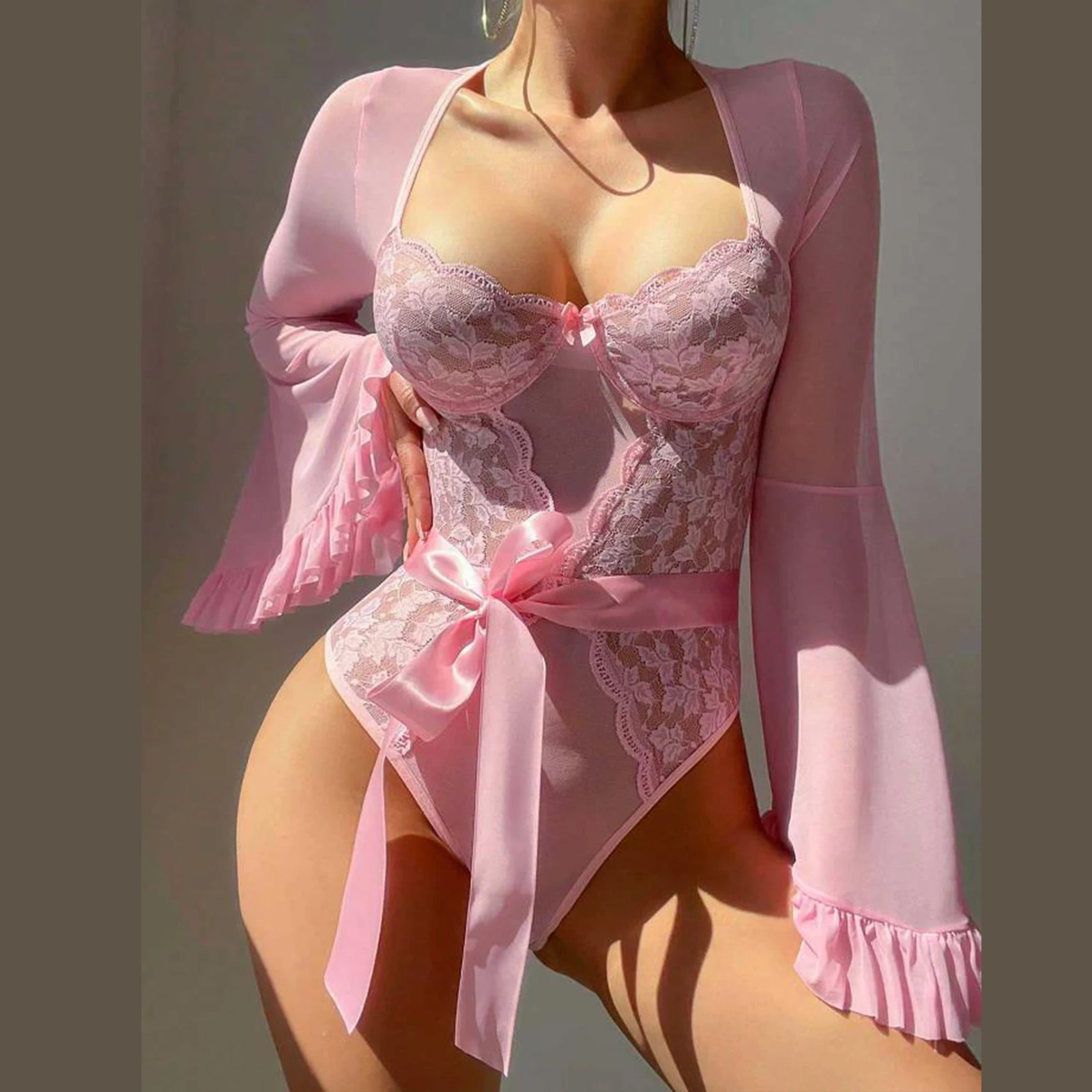 Body da donna Lingerie Manica svasata Taglio basso Patchwork in pizzo Slim Fit Indumenti da notte trasparenti