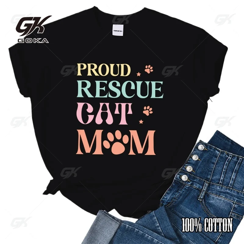 Fashion Funny Proud Rescue Cat Mom Printed T-Shirts Women Summer Casual Short Sleeve T-Shirts Round Neck Tops