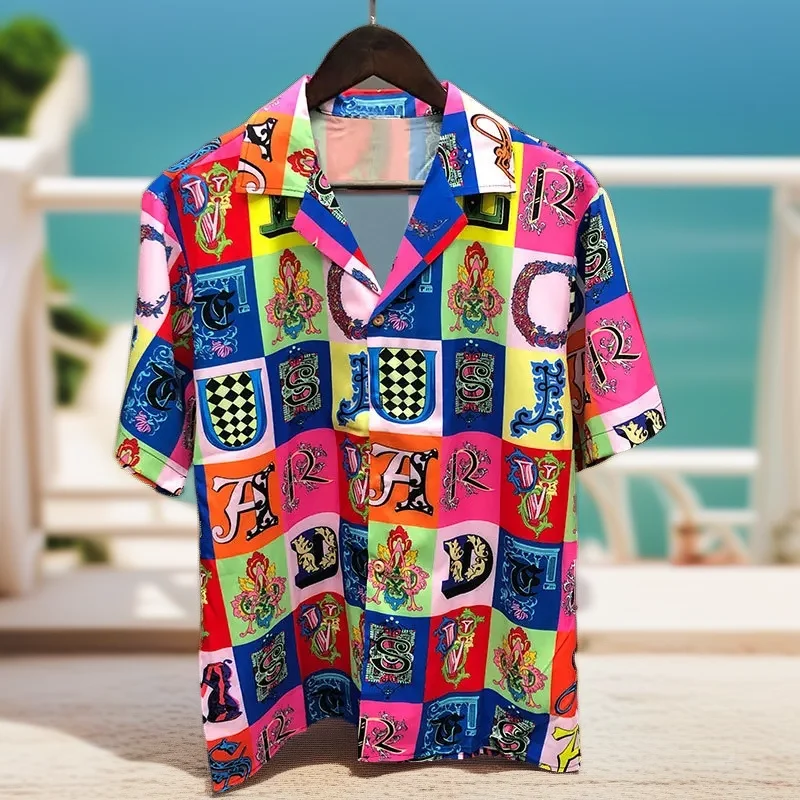 Men's Hawaiian beach shirt, retro colorful plaid print party dating street fashion shirt, casual hip-hop tropical vacation top,