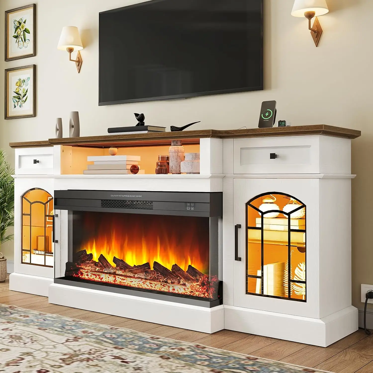 

70'' Fireplace TV Stand with Charging Station for TVs Up to 80", 3-Sided Glass Farmhouse Entertainment Center with 36",