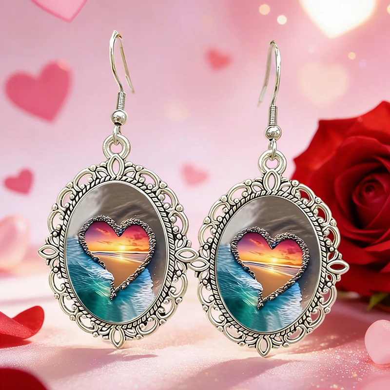 Böhmische Herz-Sonnenuntergang-Ozean-Ohrhänger, Retro-Ohrhänger mit ovalem Rahmen aus Glas für Frauen, Valentinstagsgeschenke