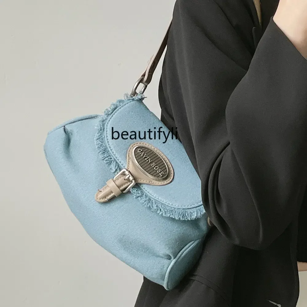 

yj Retro Minority Denim Underarm Bag Spring/Summer New Tassel Bag Female Dumpling Bag