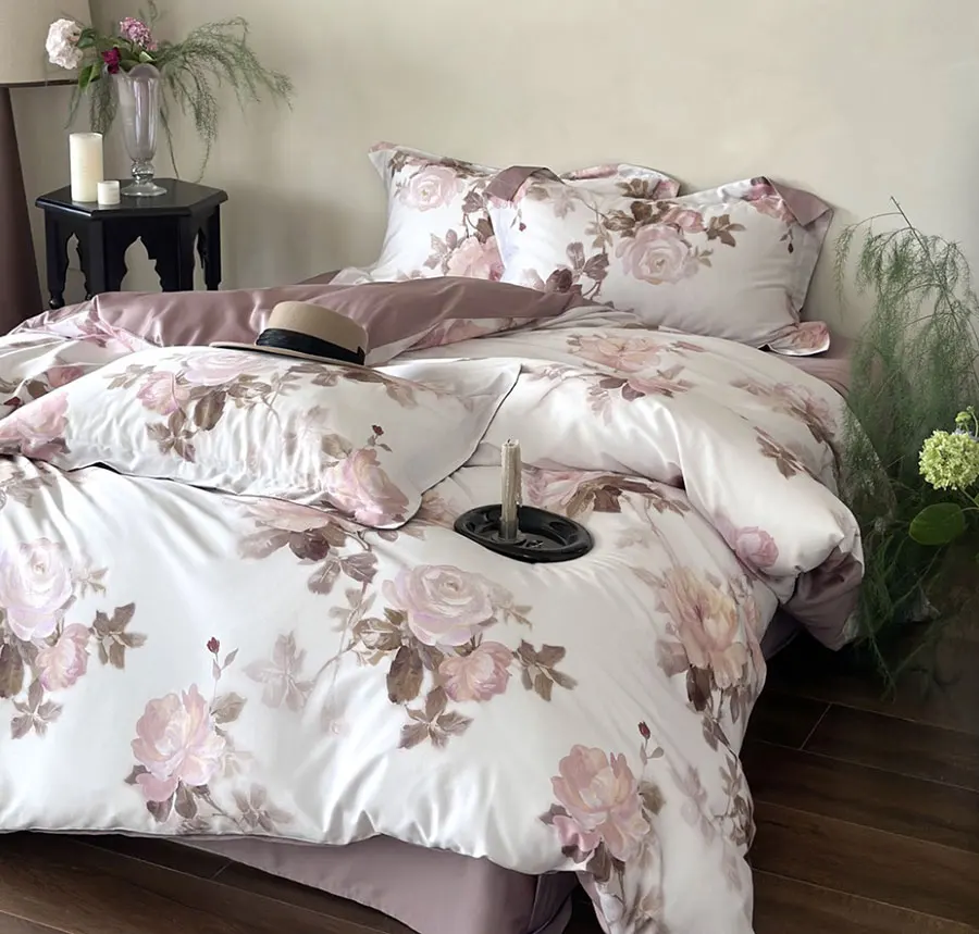 Elegant flower pink green single double bed set,twin full queen king rustic cotton home textile bed sheet pillowcase duvet cover