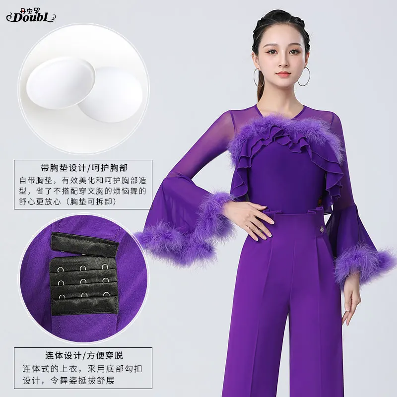 Doubl Moden Dance new Female Blouse Ostrich Hair Horn Sleeve High-end Brand Duo Dance Clothing Ballroom Dress