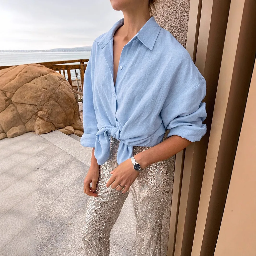 2025 Women's Oversize Shirt Long-sleeved Button Cardigan Pink Lapel Simple Korean Version White Top Blue Blouses for Female