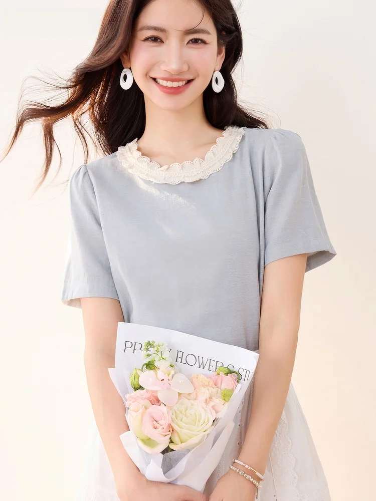 

La Chapelle Sweet Sle ort Sve T-irt Women's Summer Lace Splicing Collar Top Cotton Blend Comfortable Fit