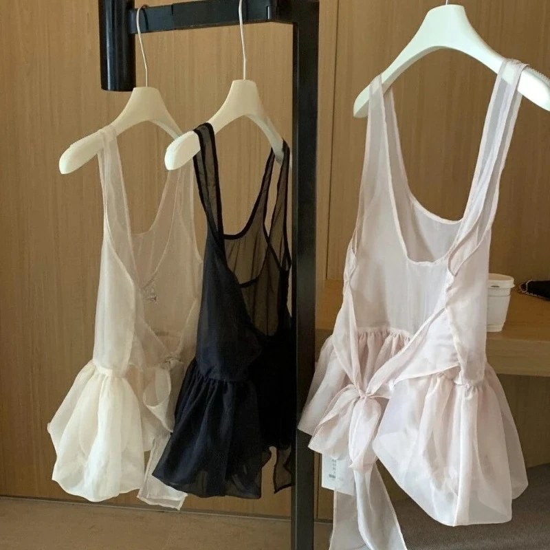 Sommer Casual Backless Design Tops Frauen Mesh Sheer Bogen Gebunden Überlappung Ärmelloses Shirt Weiblichen Koreanischen Mode Süße Weste Chic Neue