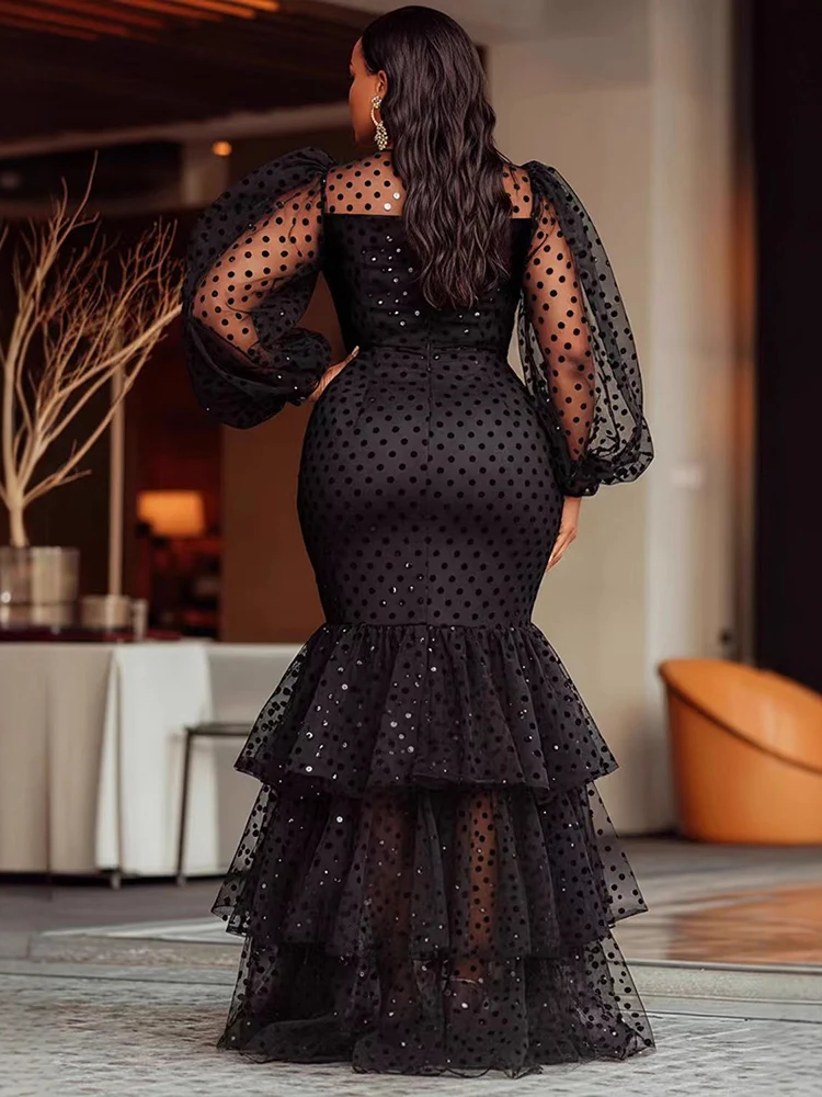Abito da sera a pois taglie forti da donna Girocollo in rete trasparente Abito da ballo di fine anno Abito con volant a strati Abiti maxi formali chic