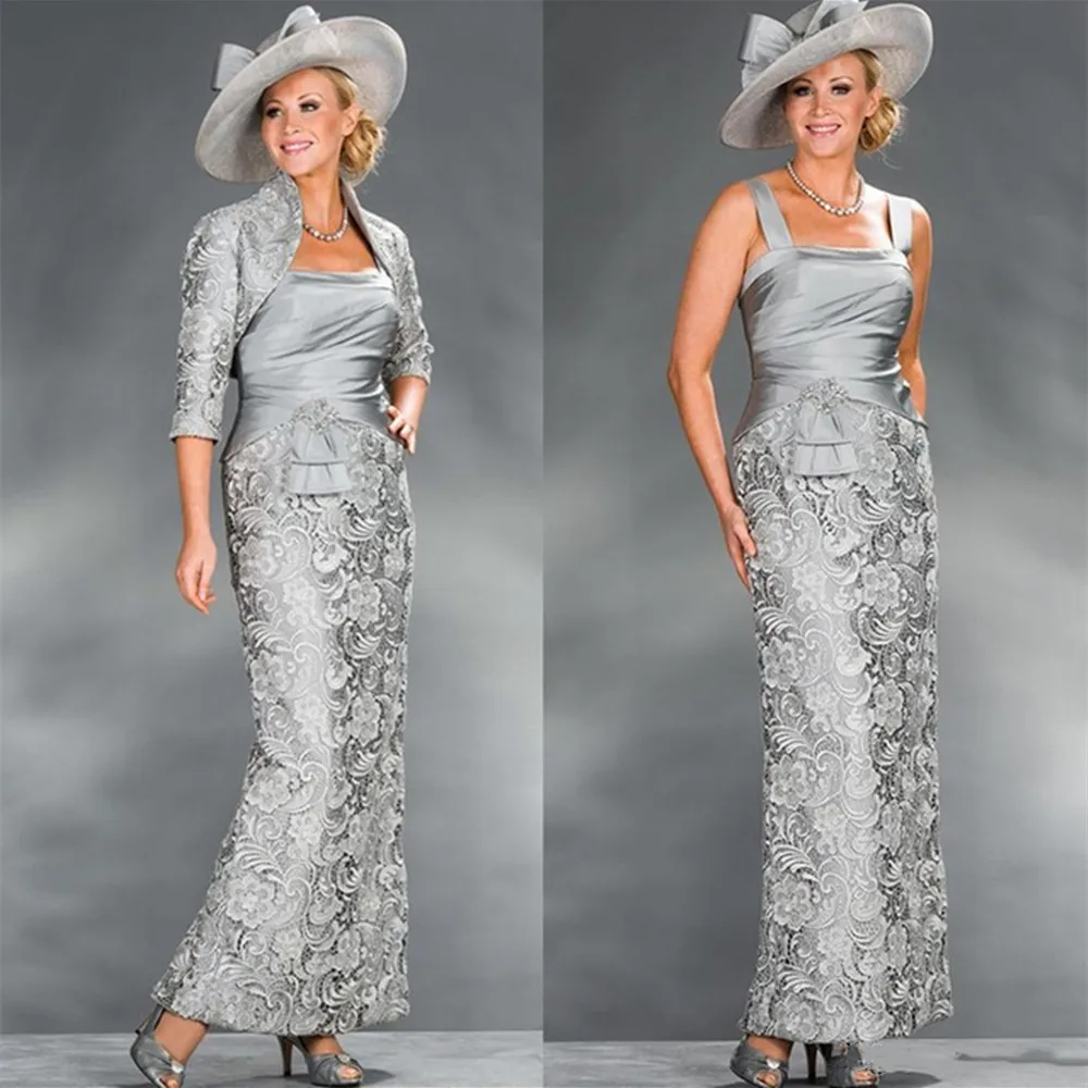 

Silver Mother Of The Bride Dresses Sheath With Jacket Lace Beaded Long Wedding Party Dresses Mother Dresses For Wedding