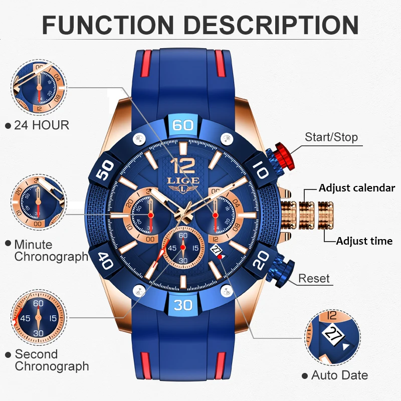 LIGE Sport Watch Men Top Brand Luxury Silicone Waterproof Quartz Watches For Men Fashion Business Military Date Chronograph