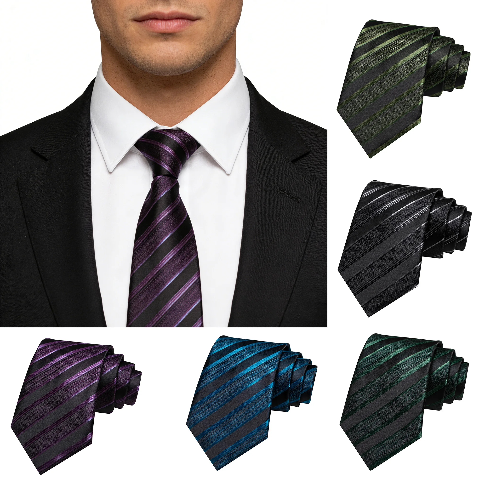 Lila-silberne gestreifte Seidenkrawatten für Herren, Hochzeitsaccessoires, 8 cm breite Jacquard-gewebte Krawatte für Herren, modisch, für Geschäftsveranstaltungen, Partys und Events – Detail 4