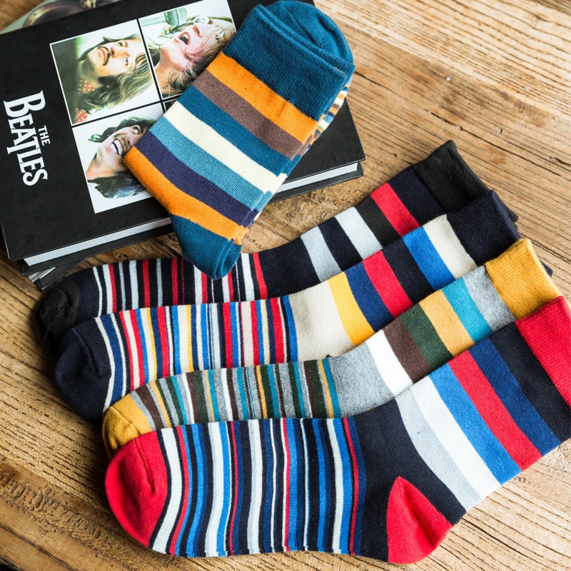 5 Pair Men's Striped Combed Cotton Socks Original Design High Quality Casual Long Socks Autumn And Winter Business Socks