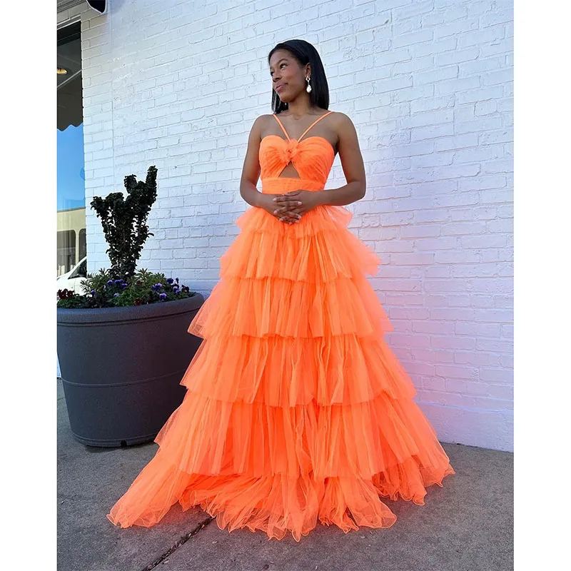 Vestido de graduación acampanado naranja, falda escalonada, vestidos de noche formales elegantes, vestidos de fiesta para ocasiones especiales