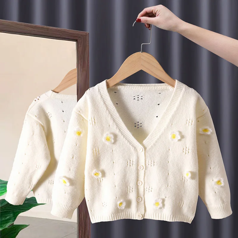 

Spring Autumn Korean Style Girls' Cardigan Sweater Cute Stereo Small Flowers Knit Cardigan Solid Color Baby Girl Foreign Flavor