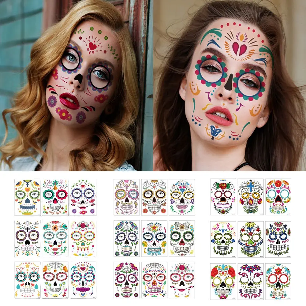 Masquerade Party Accessories Waterproof Face Decal Day Of The Dead Temporary Tattoo Stickers Halloween Dress up Facial Makeup