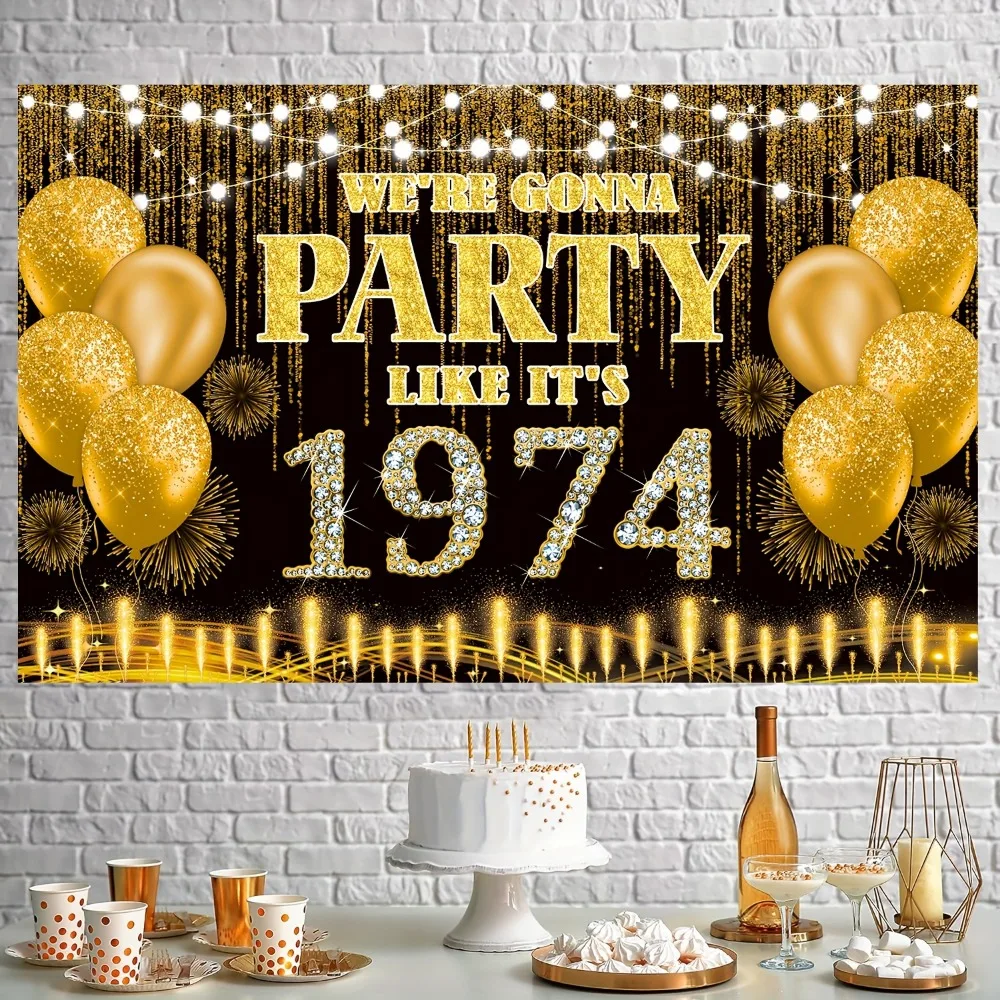 Vintage 1974 Black and Gold Banner - 50th Birthday Party Decorations, Garden Event Backdrop, Classic 1974 Party Supplies