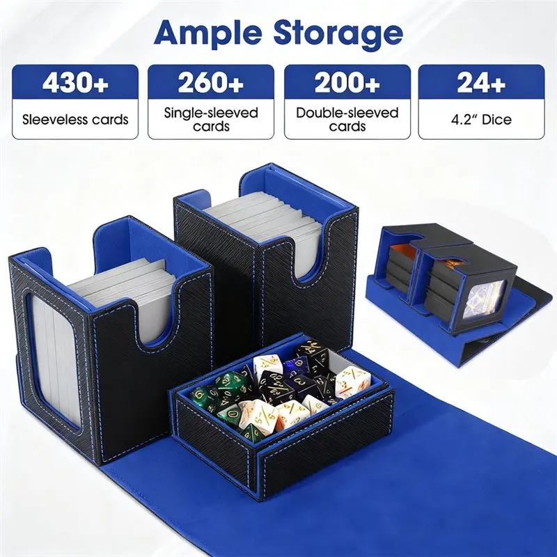 B05C-Magnetic Top Side-Loading Deck Case Card Deck Box With Handle Card Storage Box Game Cards Box Black+Blue