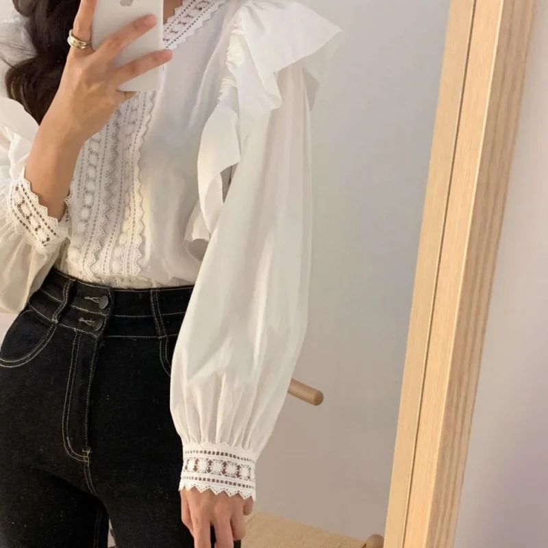 V-neck Ruffles Puff Sleeve Women Blouse Long Sleeve Tops Long Sleeve White Shirts Fashion Casual Office Lady Elegant Clothing