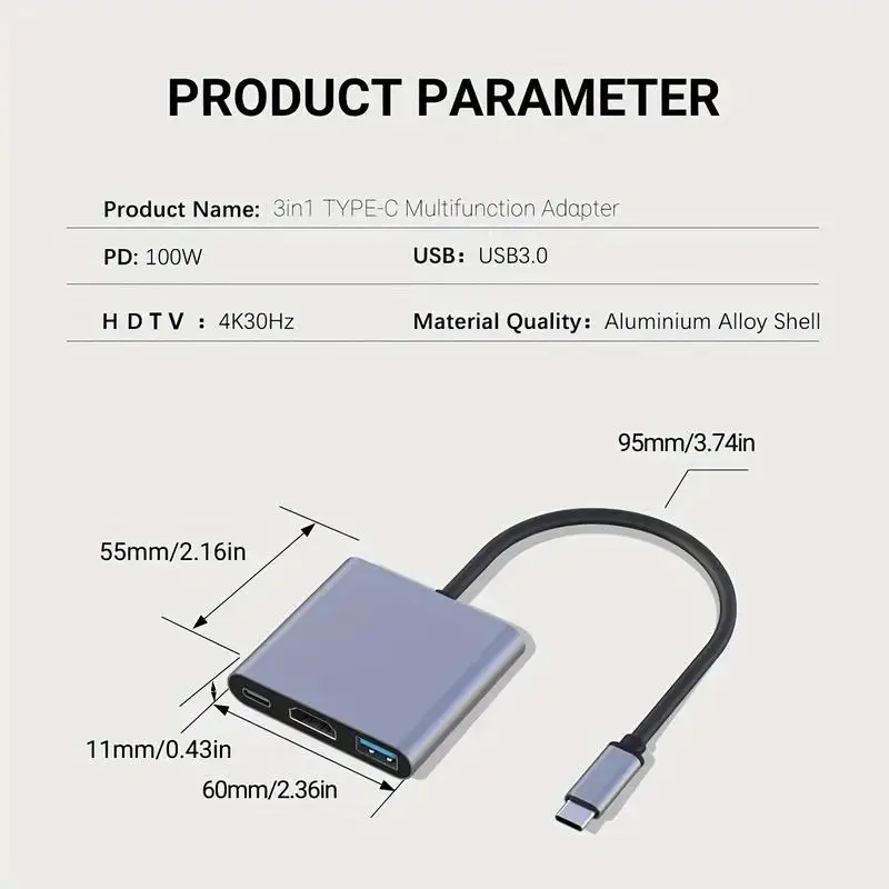 Type-C HUB 3in1 Type C 3.0 to HDMI-compatible Docking Station PD Fast Charge 4K HDMI Adapter Splitter For MacBook