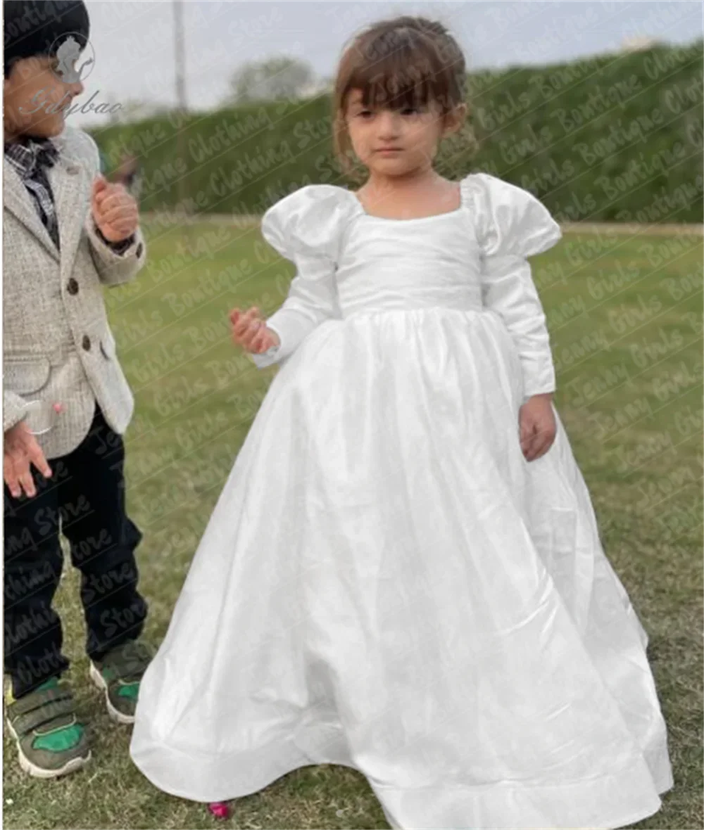 

CustomizedCustom White Satin Prom New Flower Girl Dress Long Sleeve For First Sacrament Birthday Banquet Photo Shoot