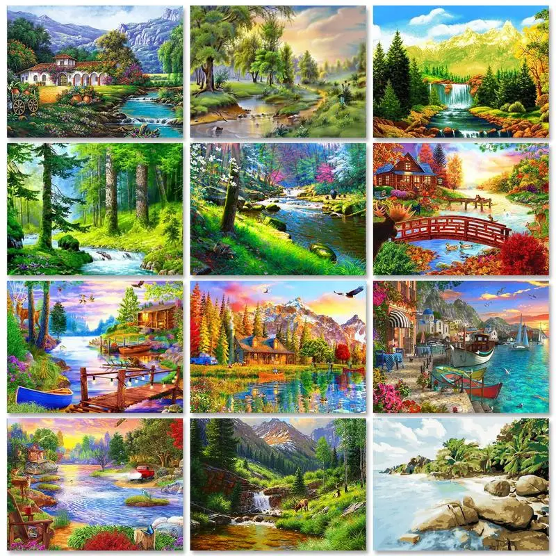 DIY Oil Painting By Numbers Forest Stream Landscape Unique Gift Handpainted Wall Bedroom Living Room Home Kids Room Decoration