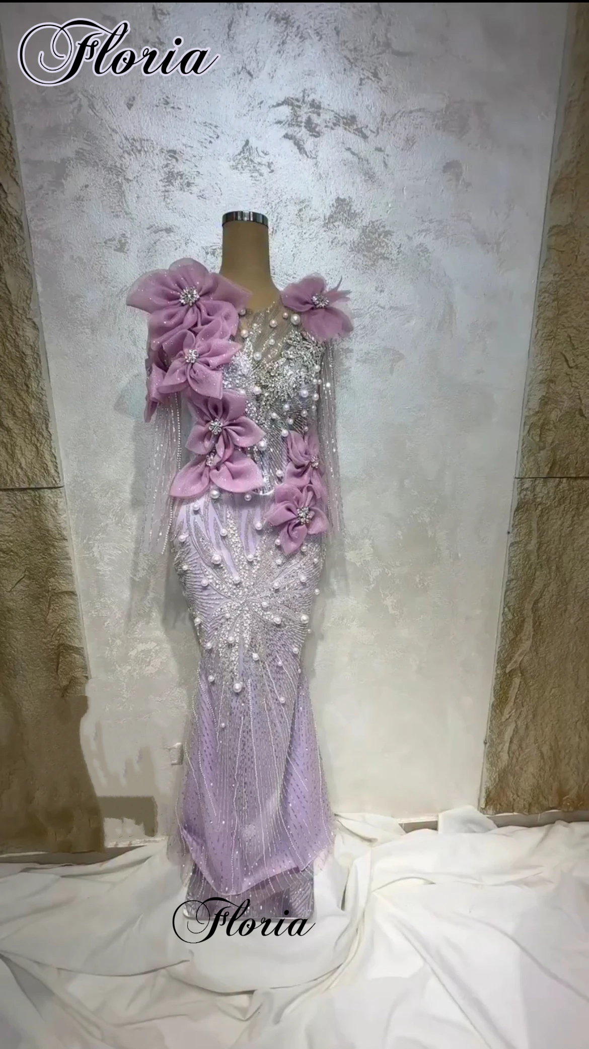 

New Special Light Purple Evening Dresses With Pearls Arabic Long Prom Party Dresses With Full Sleeves Coutures Customized