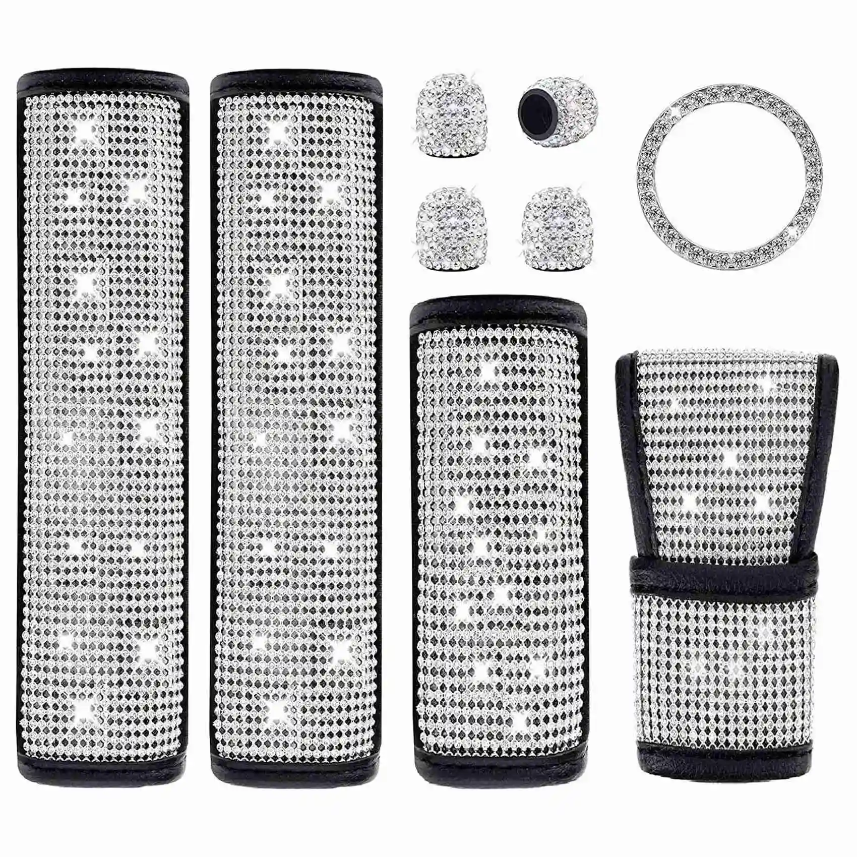 Bling Car Accessories Set, Seat Belt Covers, Rhinestones Gear Shift Cover,Handbrake Cover,Engine Sticker,Valve Stem Caps