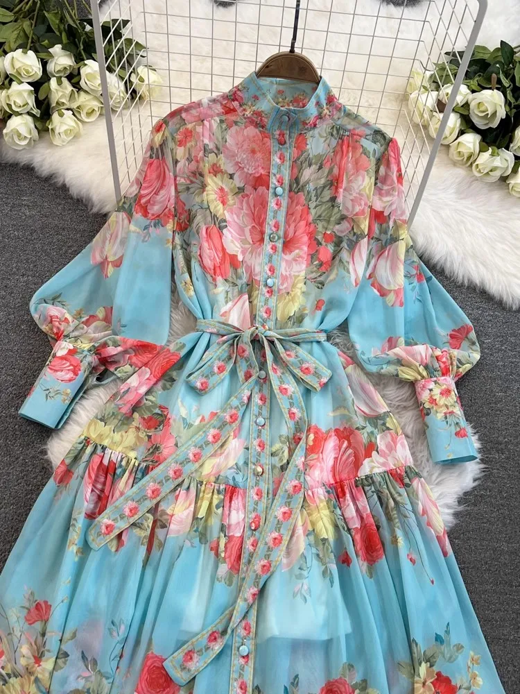 Summer Holiday Flower Chiffon Long Dress Women Stand Collar Lantern Sleeve Floral Print Belt Lace Up Boho Robe Vestidos 2049