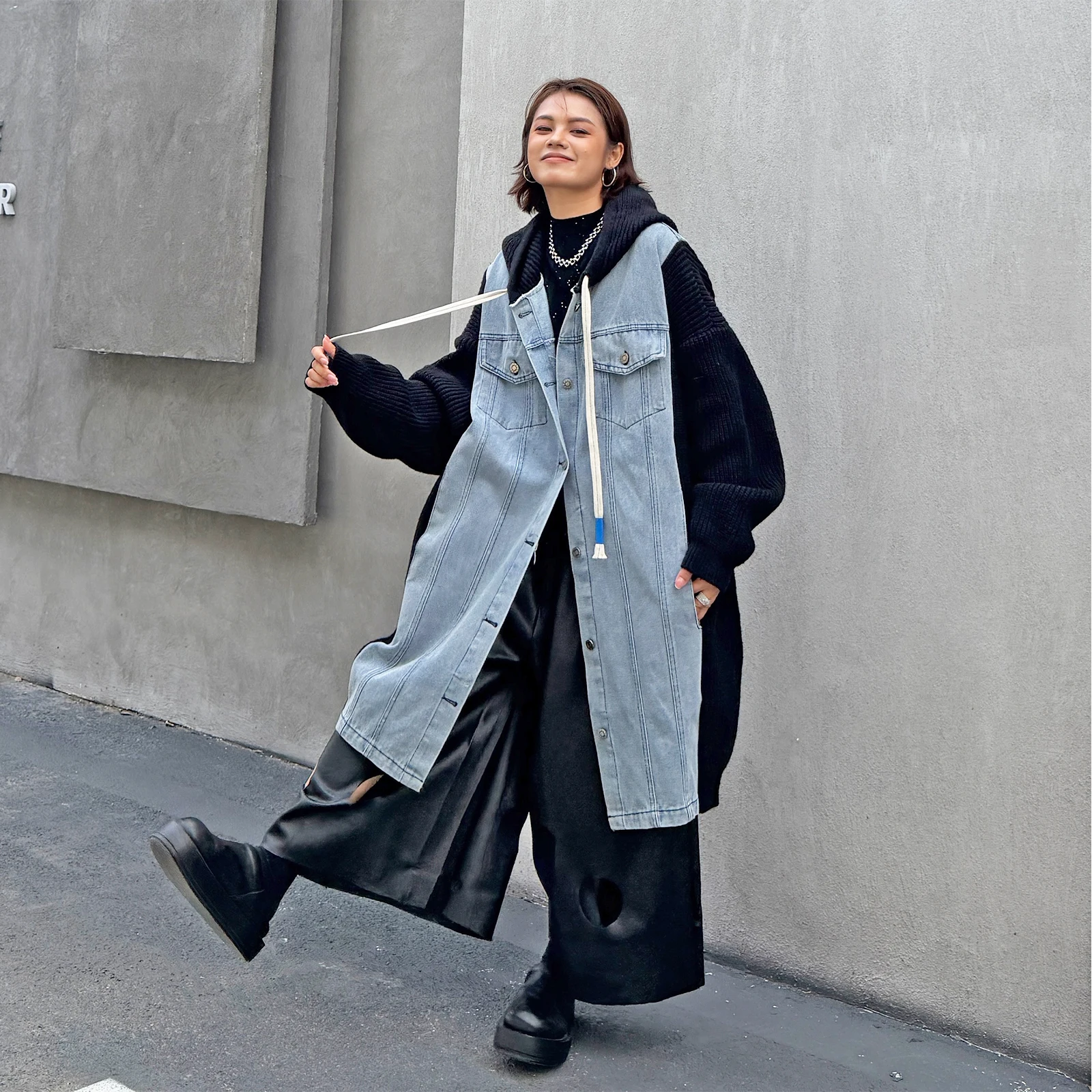 

SuperAen Oversize Women's Hooded Long Denim Patchwork Knitted Loose Design Cardigan for Women Korean Style 2026 Autumn New Coats